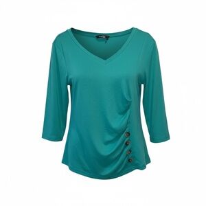 Allegra K Teal V-Neck Blouse with Button Accents